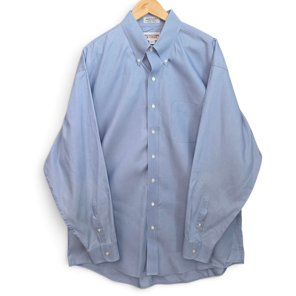 Roundtree & Yorke Dress Shirt Mens 17.5 37 Tall Blue Button Blended Pinpoint